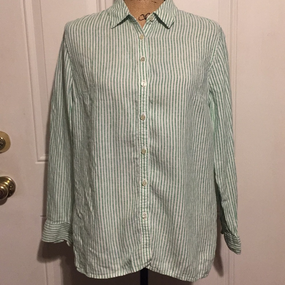 Talbots greens and white pin strip shirt size Med